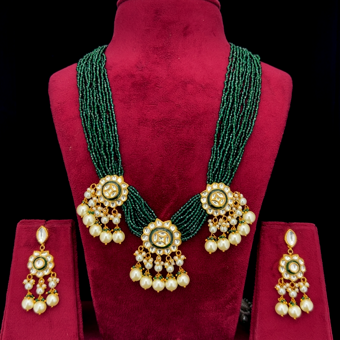 Neelkamal Natural Diamond Polki Green Bead & Pearl Necklace Set in 18K Gold