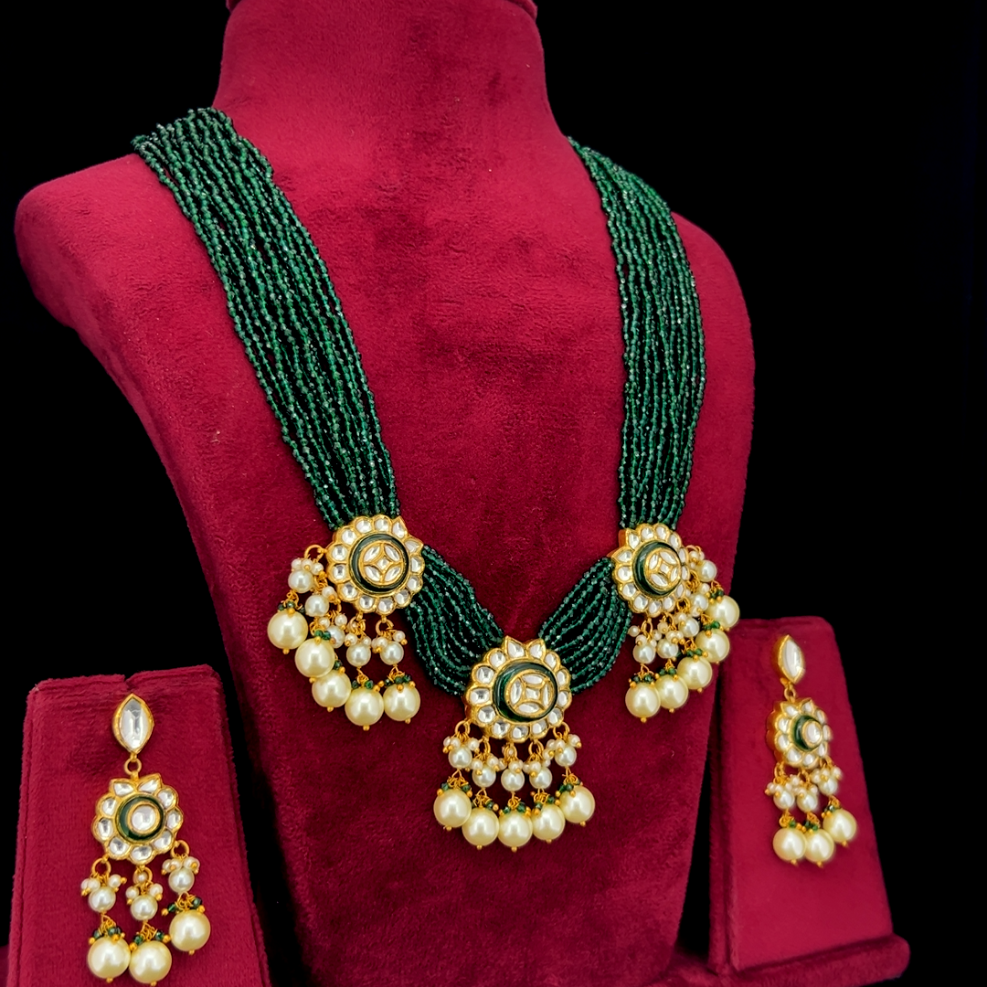 Neelkamal Natural Diamond Polki Green Bead & Pearl Necklace Set in 18K Gold