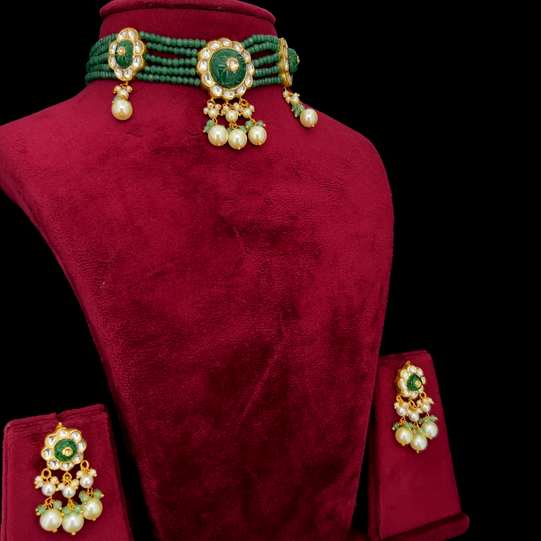 Emerald Bloom Natural Diamond Polki Choker Set