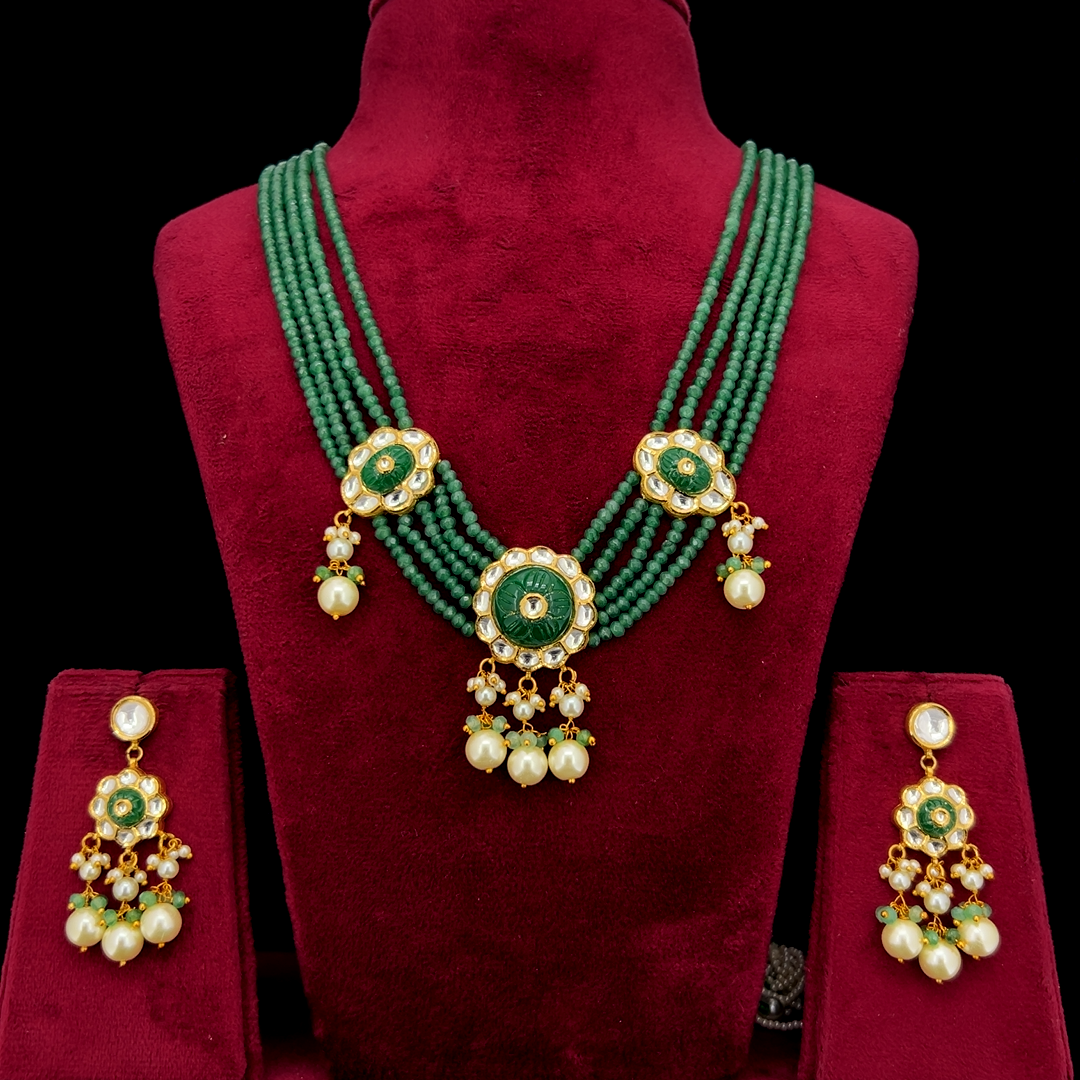 Heritage Emerald Green Bead Polki Necklace Set