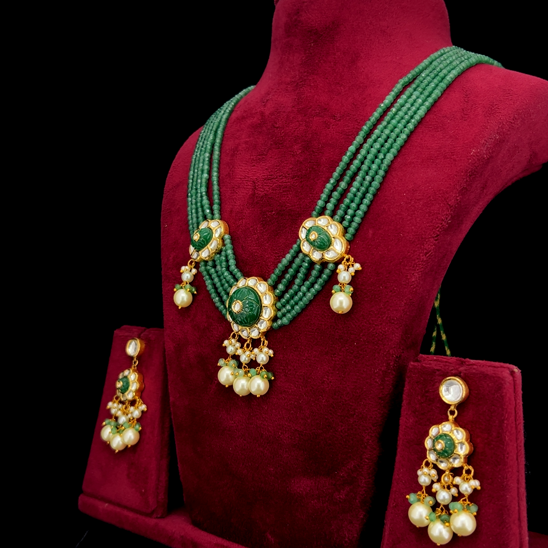 Heritage Emerald Green Bead Polki Necklace Set