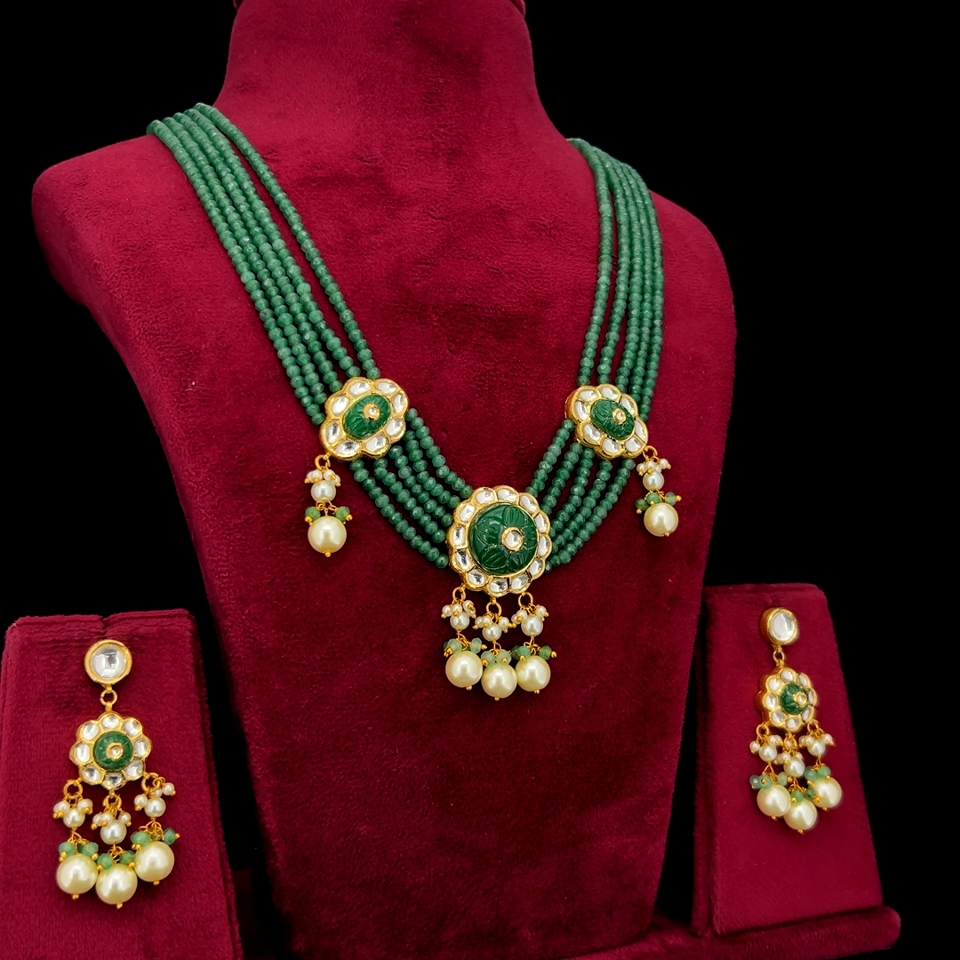 Pannika Natural Diamond Polki Green Bead & Pearl Necklace Set in 18K Gold
