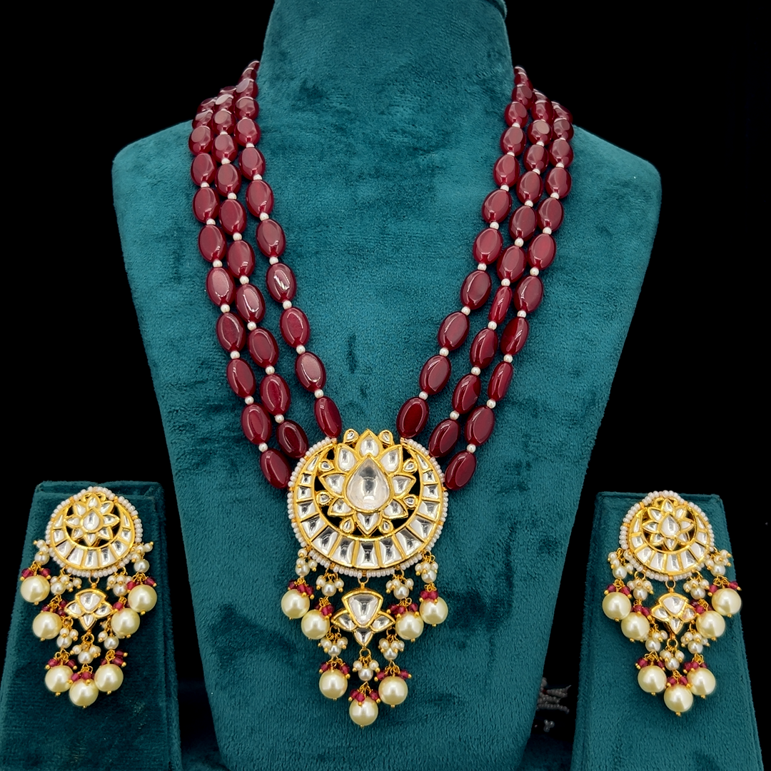 IGI Certified Natural Diamond Polki Ruby Red Bead Long Haar Necklace Set in 18K HUID Hallmarked Gold