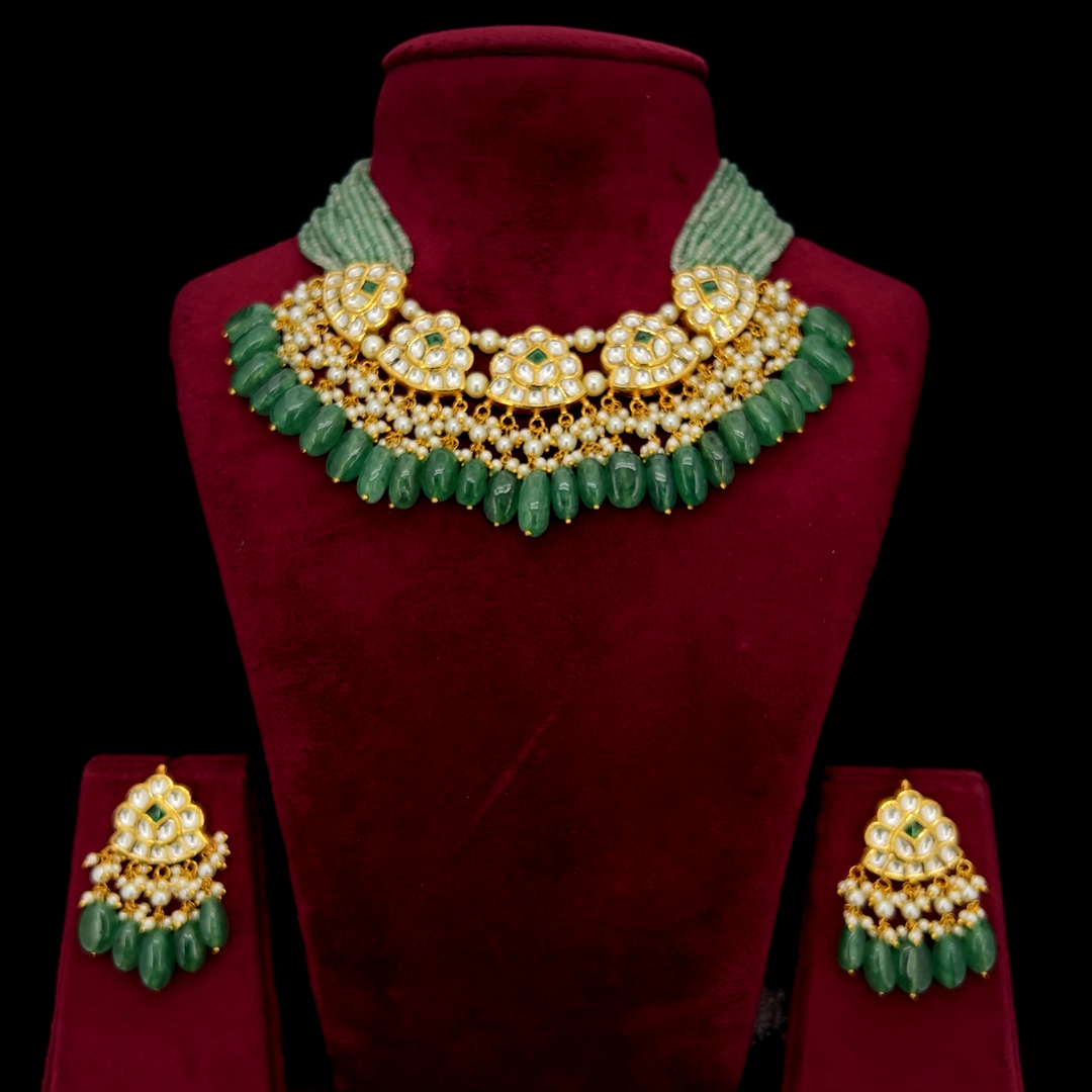 IGI Certified Natural Diamond Polki Green Bead Choker Set
