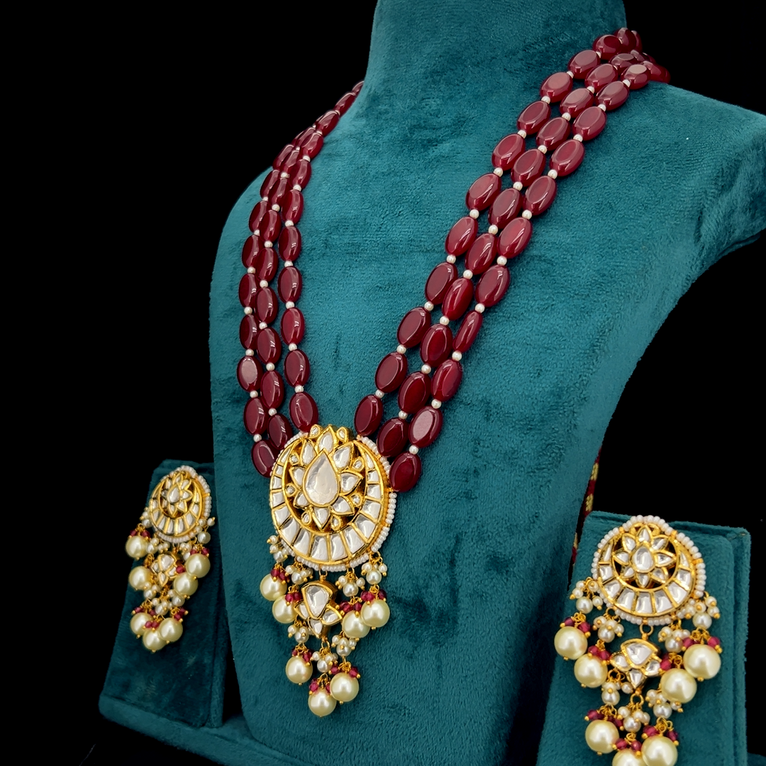 IGI Certified Natural Diamond Polki Ruby Red Bead Long Haar Necklace Set in 18K HUID Hallmarked Gold