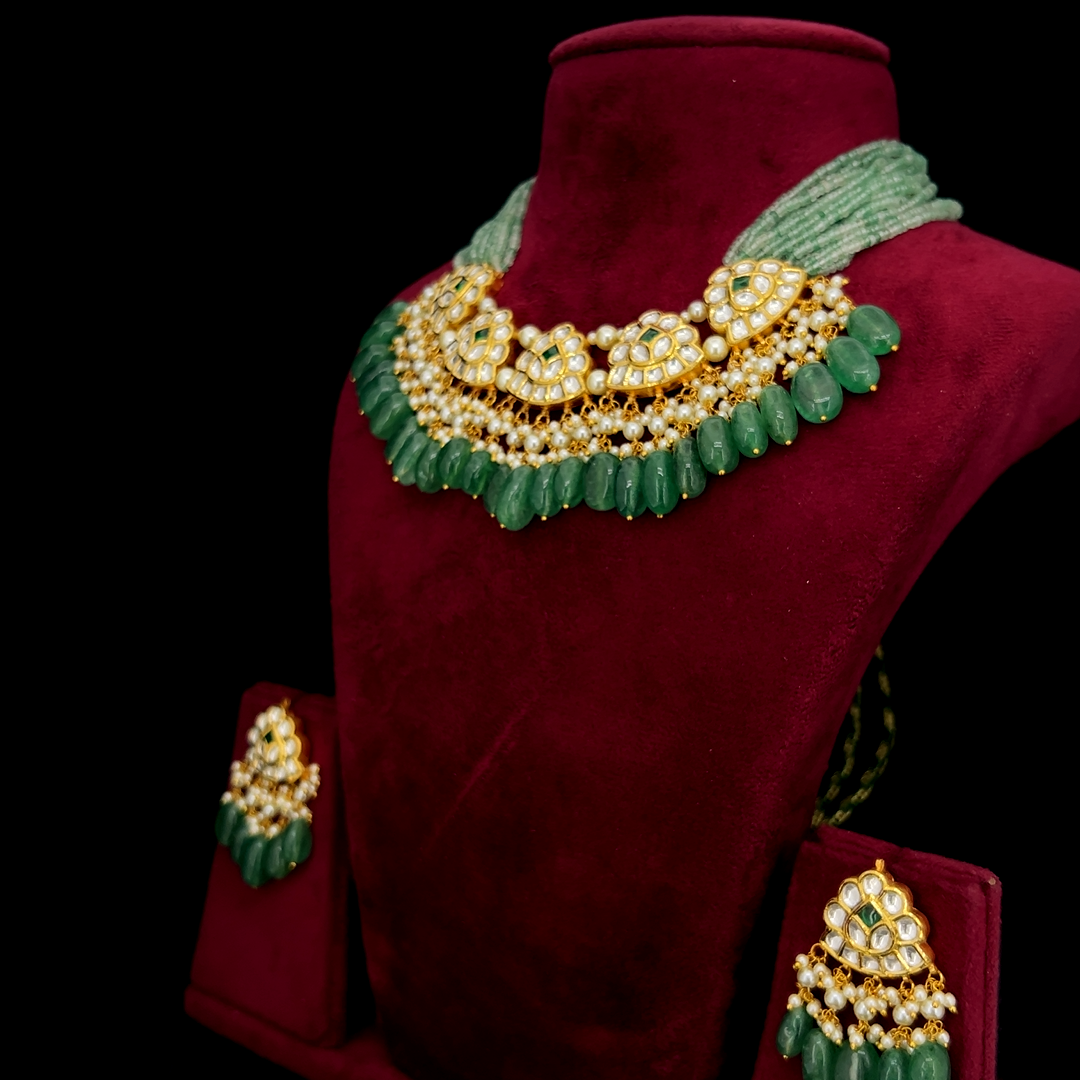 IGI Certified Natural Diamond Polki Green Bead Choker Set