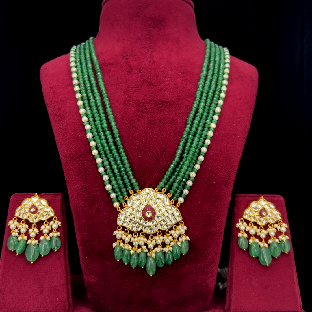 IGI Certified Natural Diamond Polki Green Bead Long Necklace Set in 18K HUID Hallmarked Gold