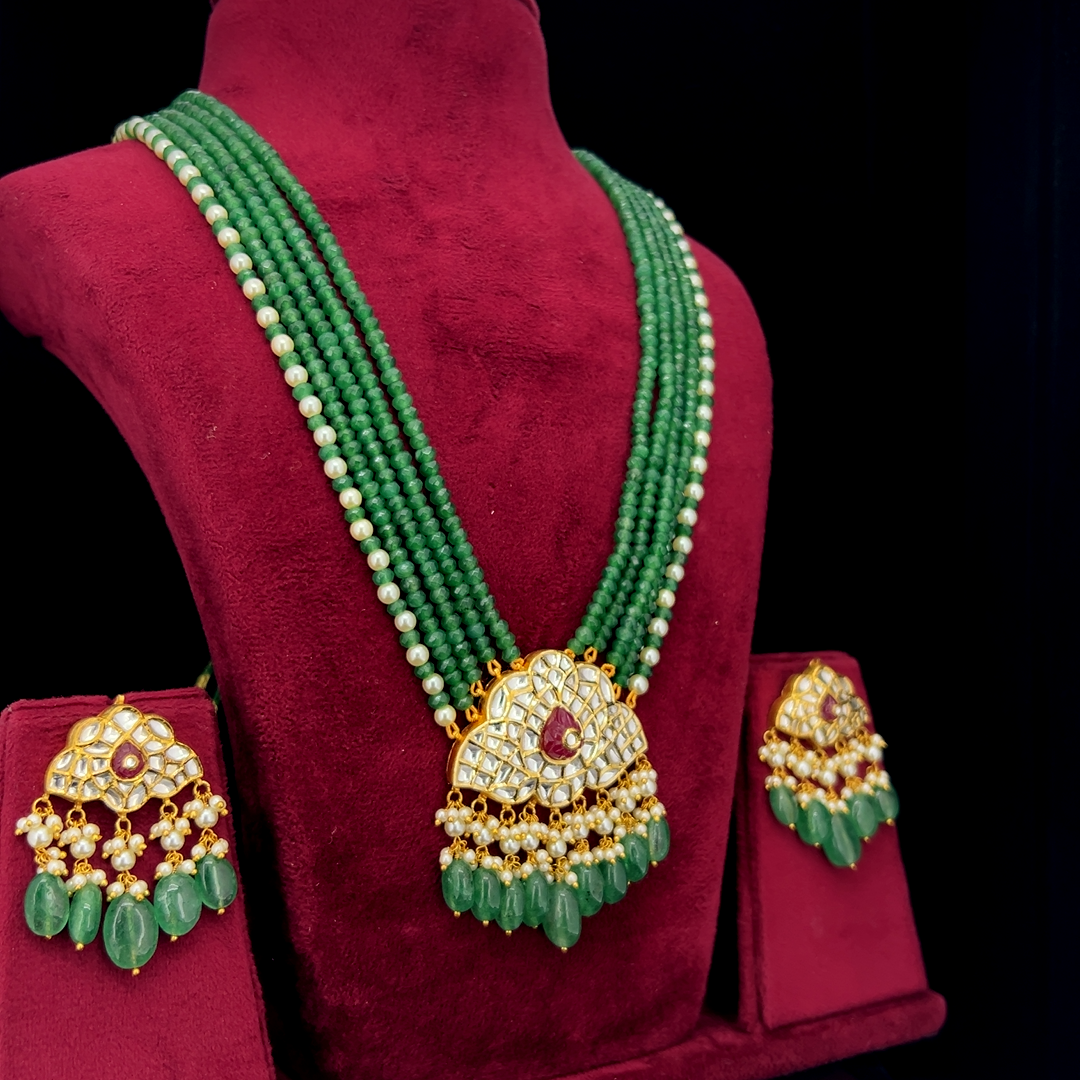 IGI Certified Natural Diamond Polki Green Bead Long Necklace Set in 18K HUID Hallmarked Gold