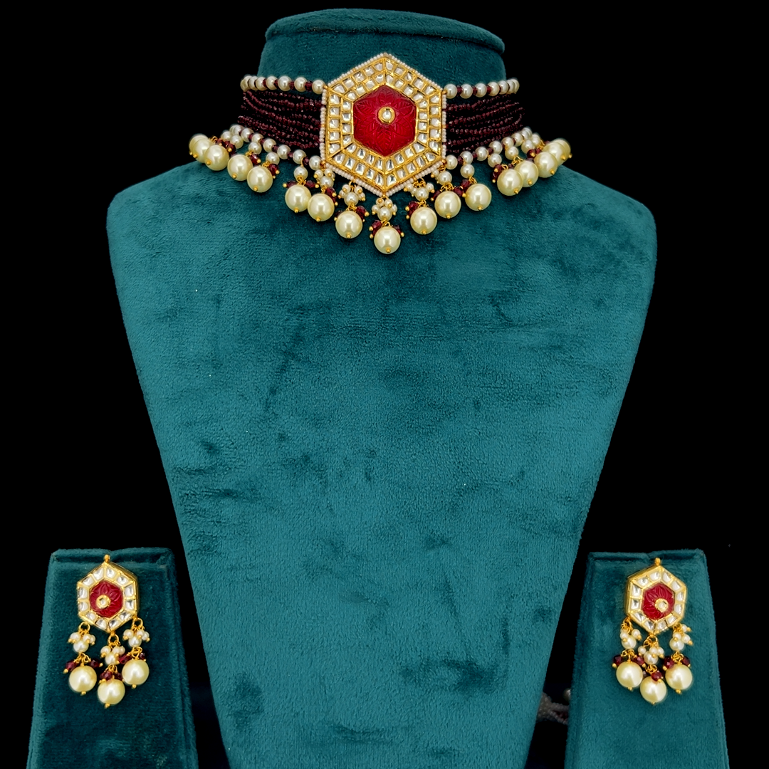 Rajvansh Natural Diamond Polki Pearl Choker Set in 18K Gold