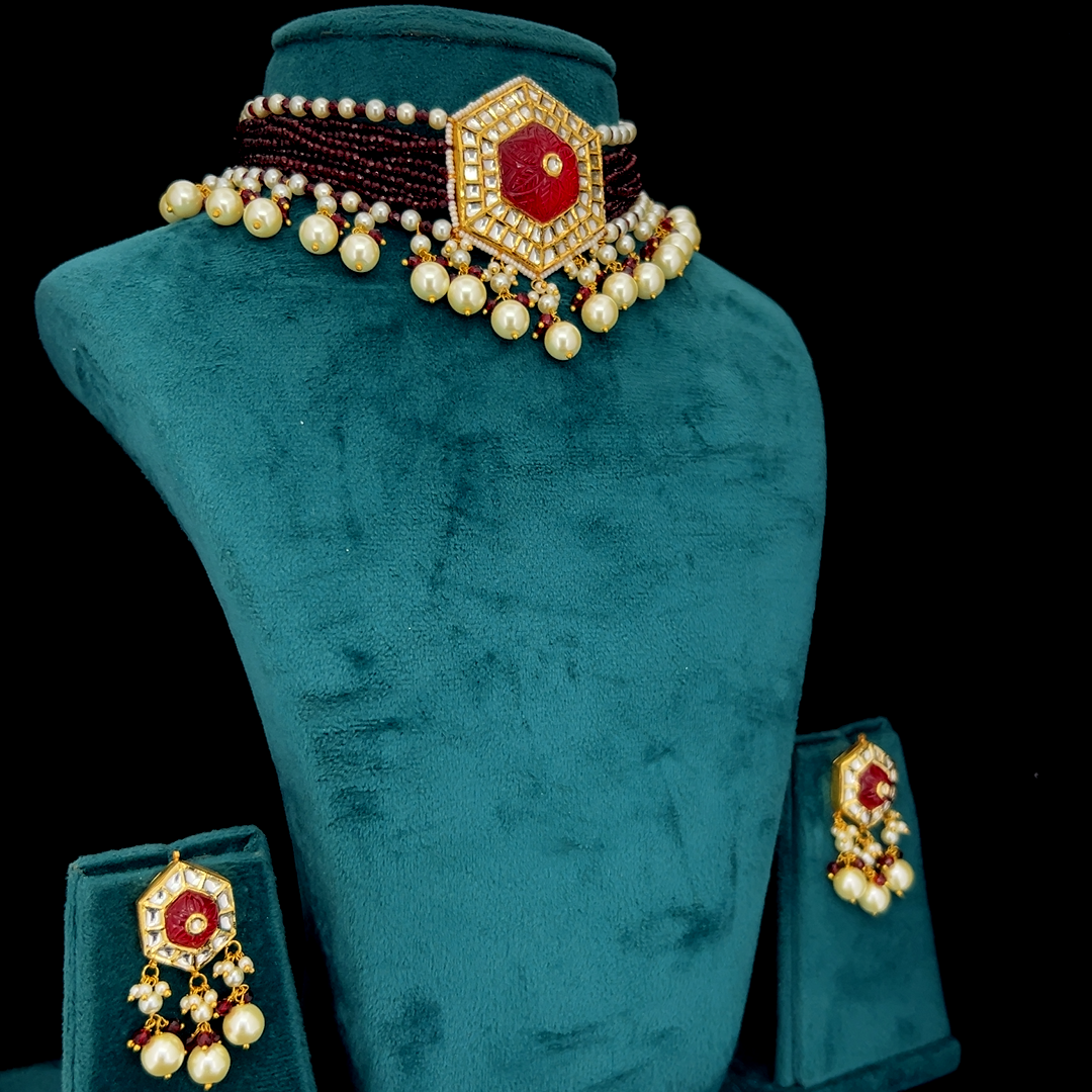 Rajvansh Natural Diamond Polki Pearl Choker Set in 18K Gold