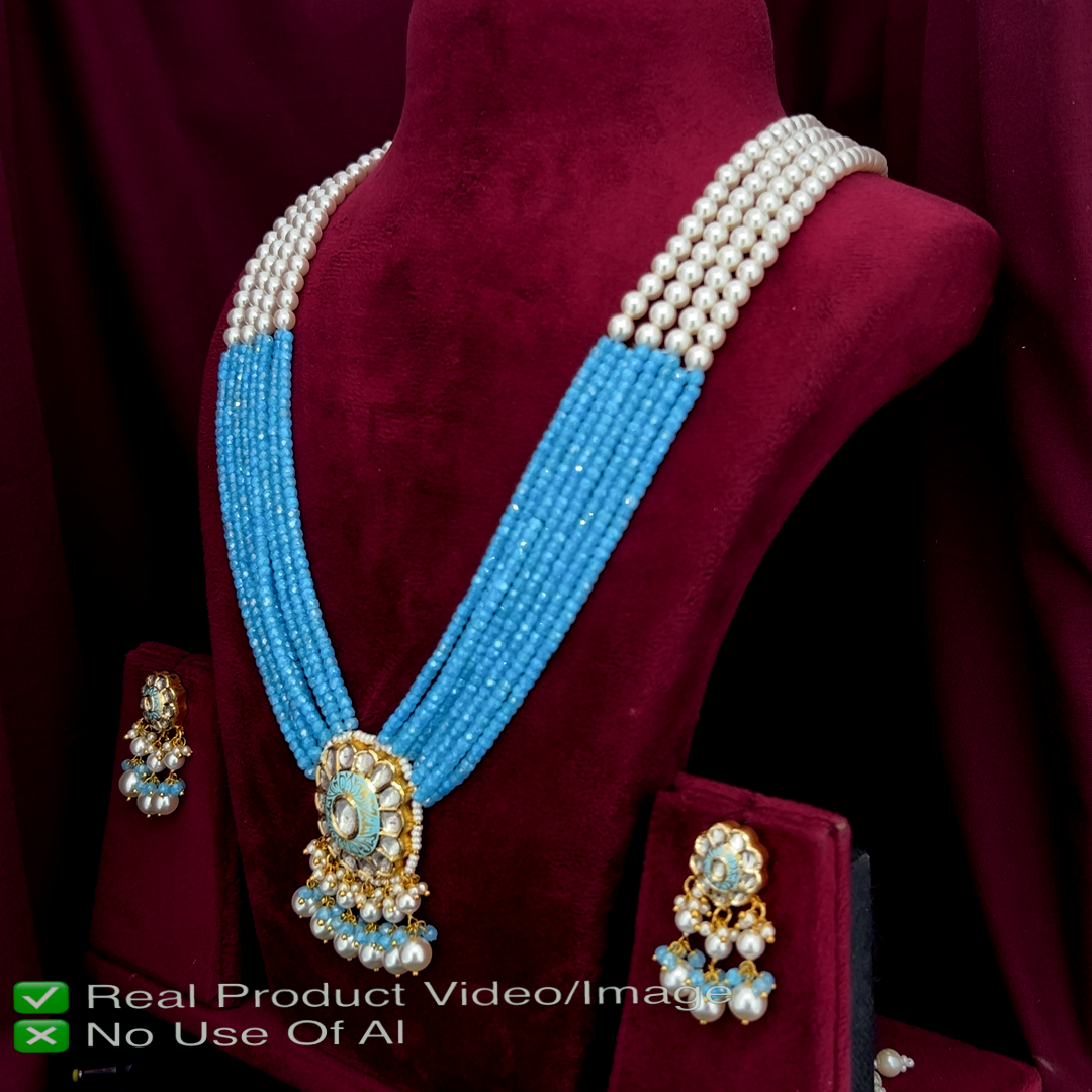 Natural Diamond Green Bead & Pearl Necklace Set in 18K Gold