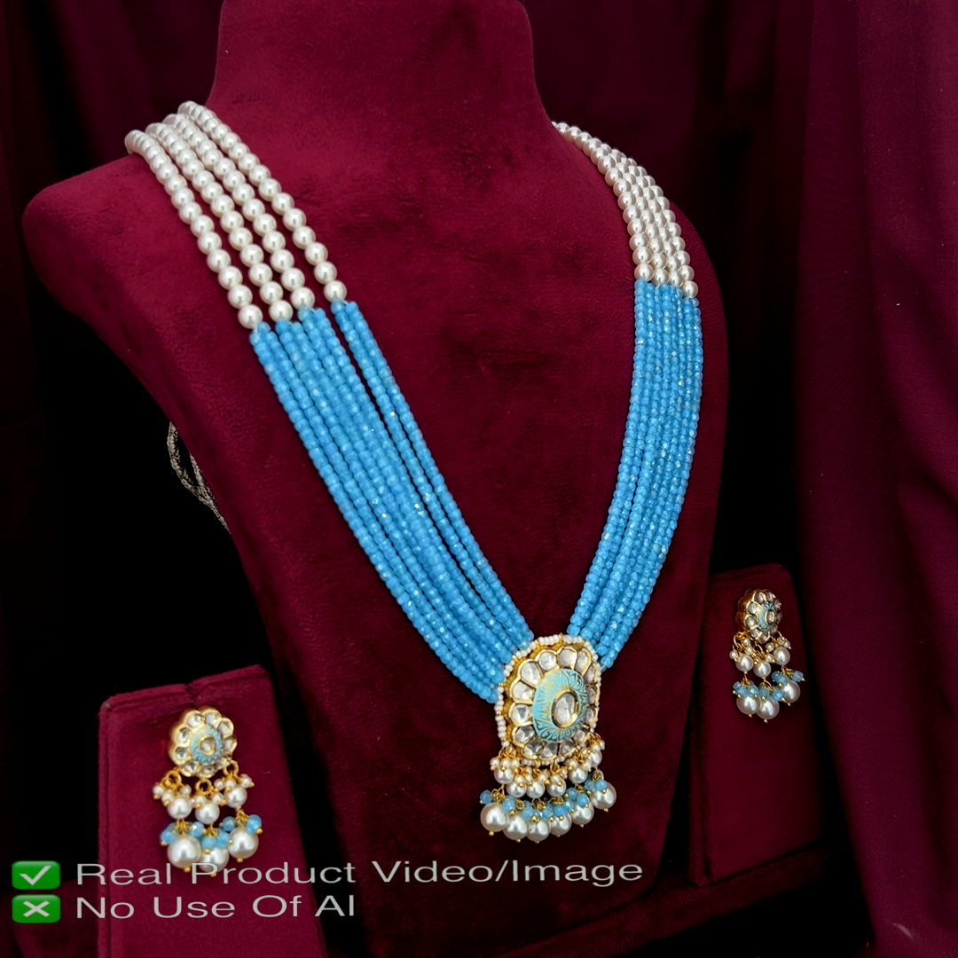 Natural Diamond Green Bead & Pearl Necklace Set in 18K Gold