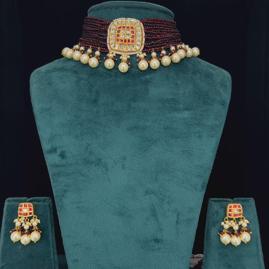 Wine Pearl Polki Set