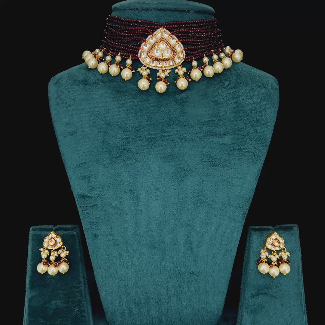 Raktime Natural Diamond Polki Burgundy Bead Choker Set With Pearl Drops in 18K Gold