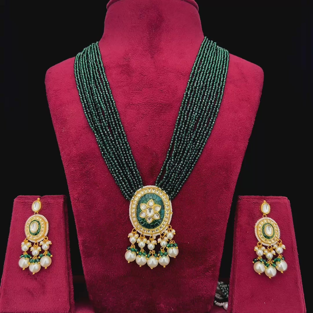 Pushpanjali Natural Diamond Polki Green Bead & Pearl Necklace Set in 18K Gold