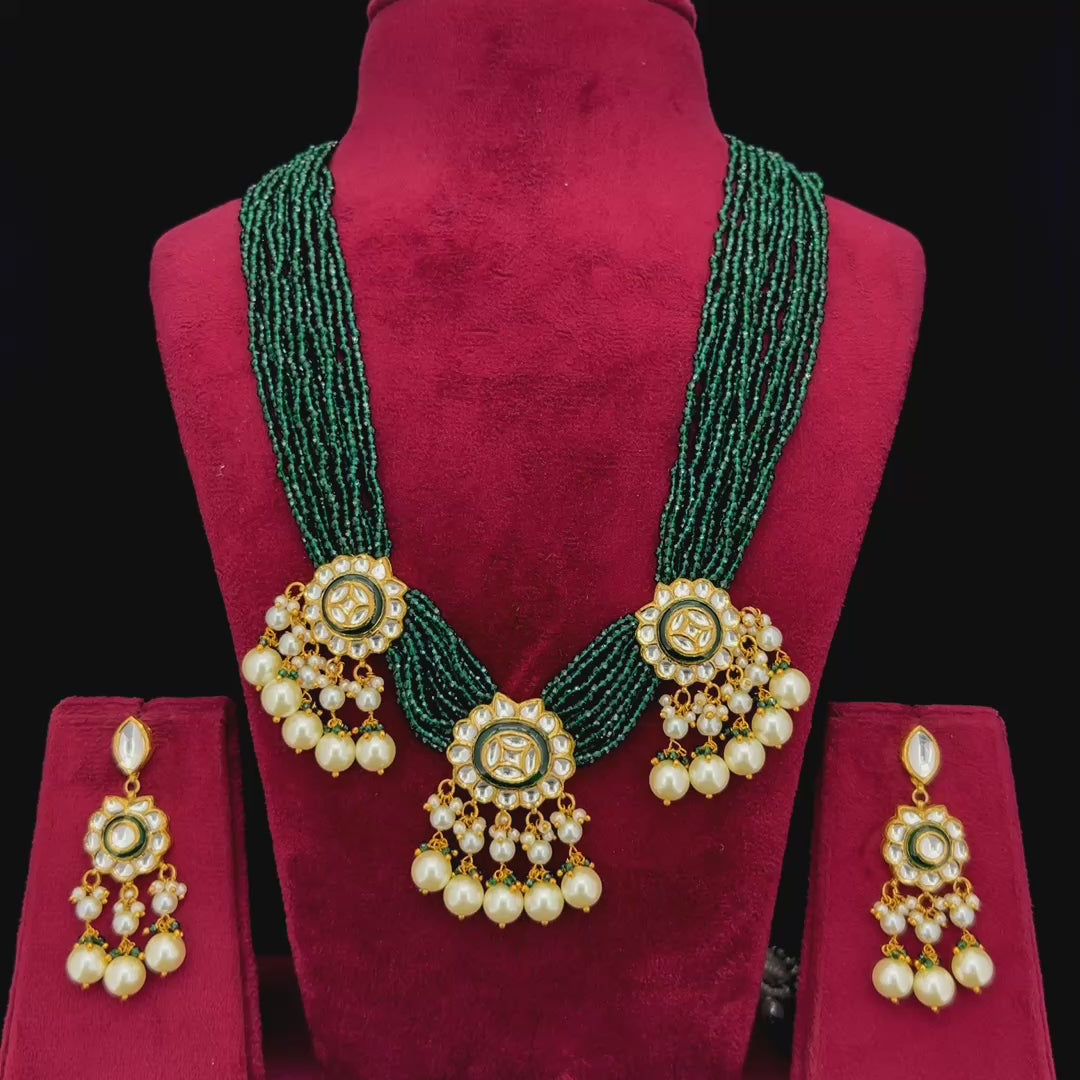 Neelkamal Natural Diamond Polki Green Bead & Pearl Necklace Set in 18K Gold