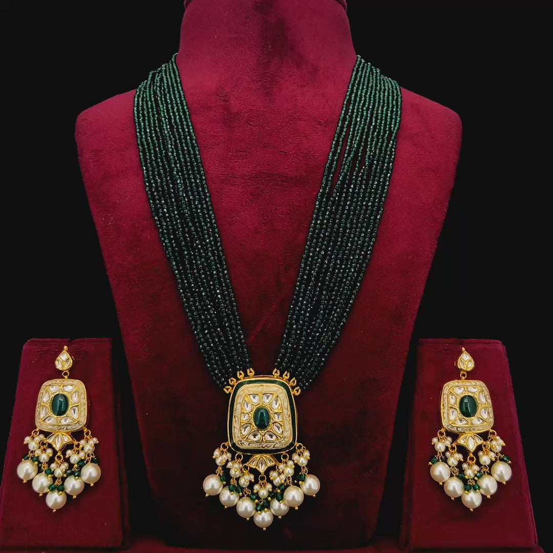 Rajkunj Natural Diamond Polki Green Bead & Pearl Necklace Set in 18K Gold