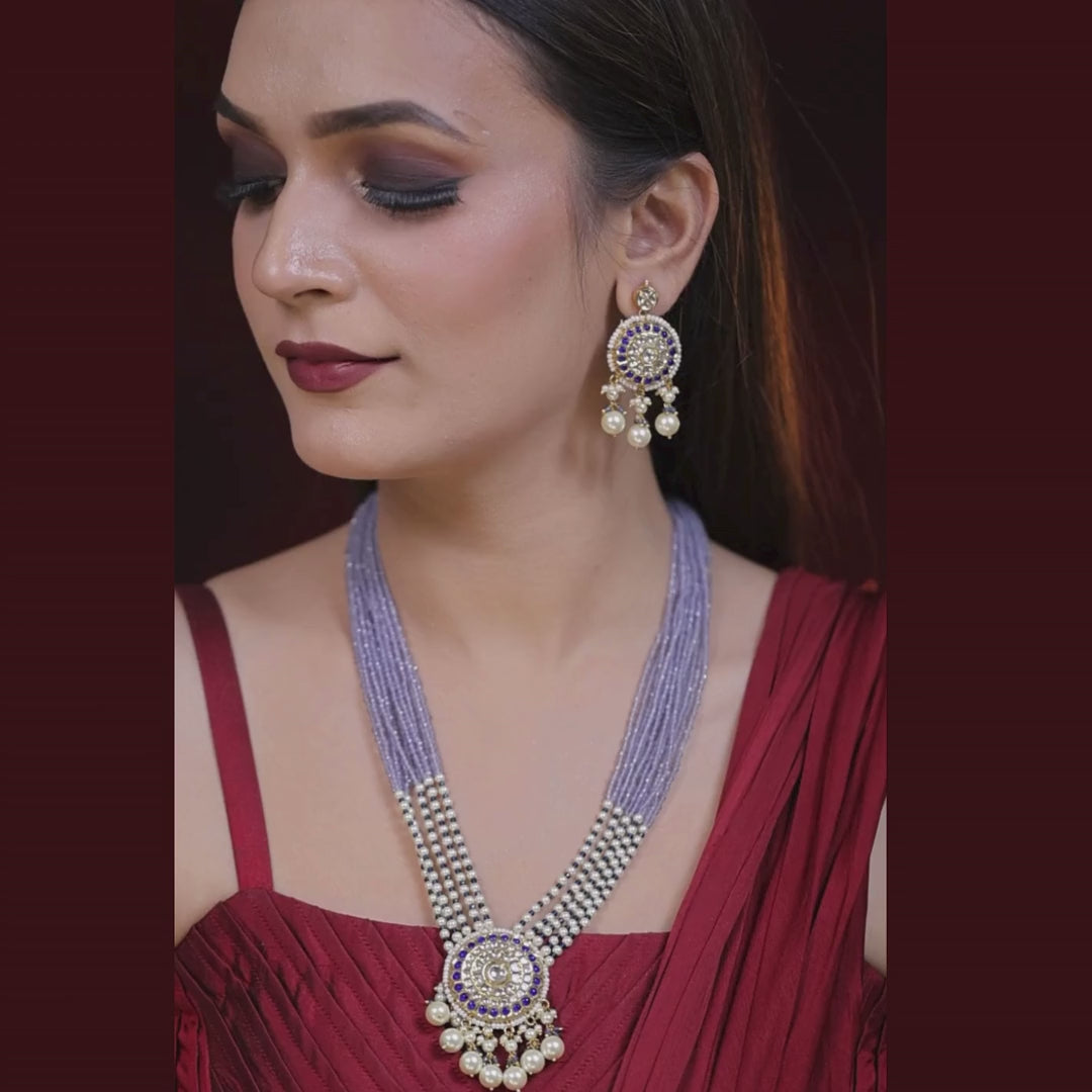 Neelambara Natural Diamond Polki Lavender Bead & Pearl Necklace Set in 18K Gold