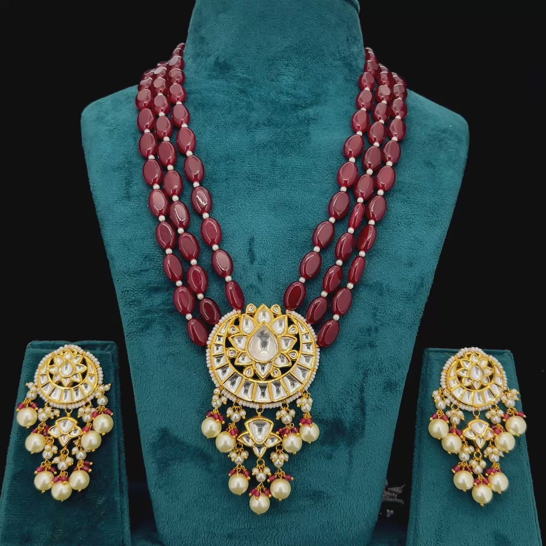 IGI Certified Natural Diamond Polki Ruby Red Bead Long Haar Necklace Set in 18K HUID Hallmarked Gold