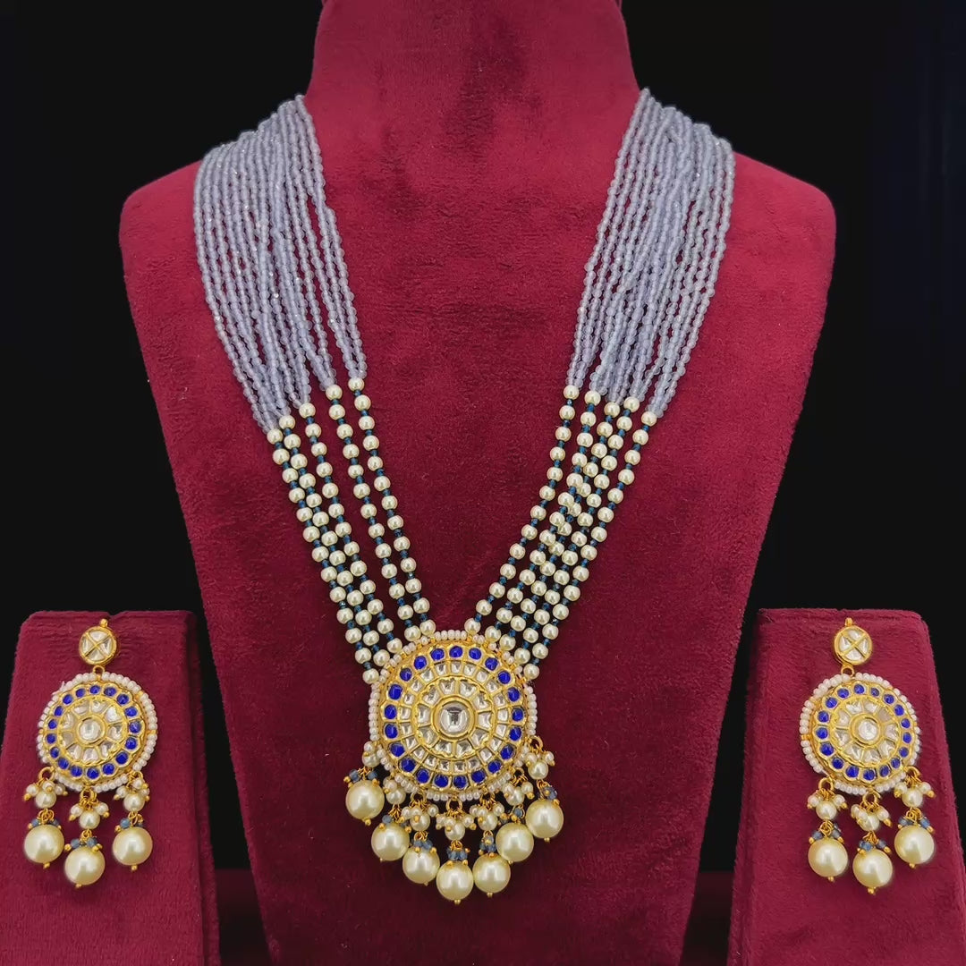 Neelambara Natural Diamond Polki Lavender Bead & Pearl Necklace Set in 18K Gold