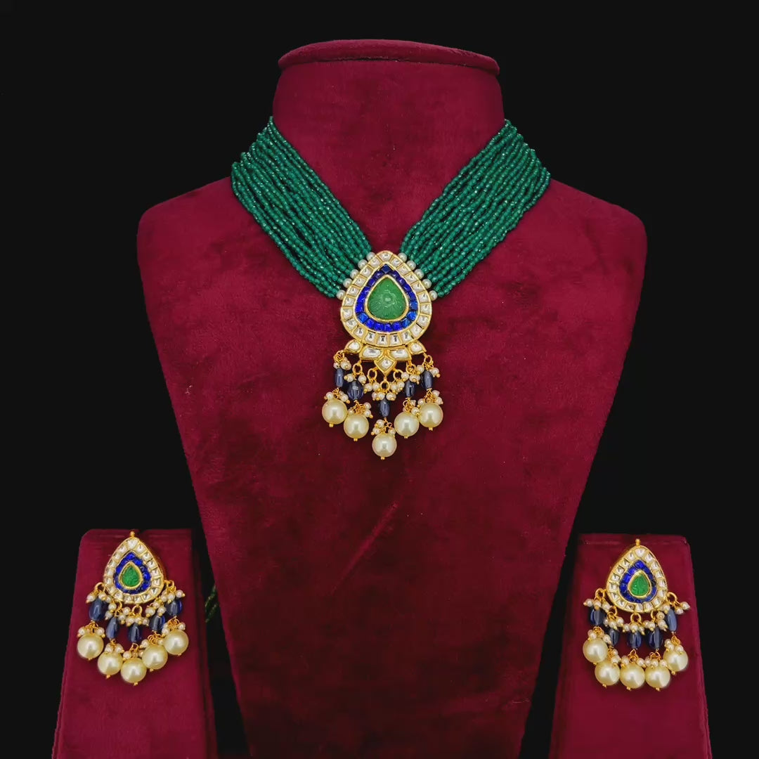 Neelpanna Natural Diamond Polki Green Bead Choker Set With Blue Enamel & Pearl Drops in 18K Gold