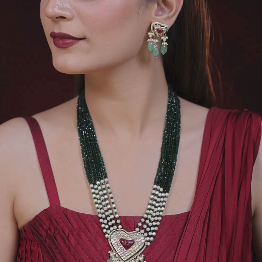 Hridaya Natural Diamond Polki Green Bead Necklace Set With Ruby Heart Motif & Pearl Drops in 18K Gold