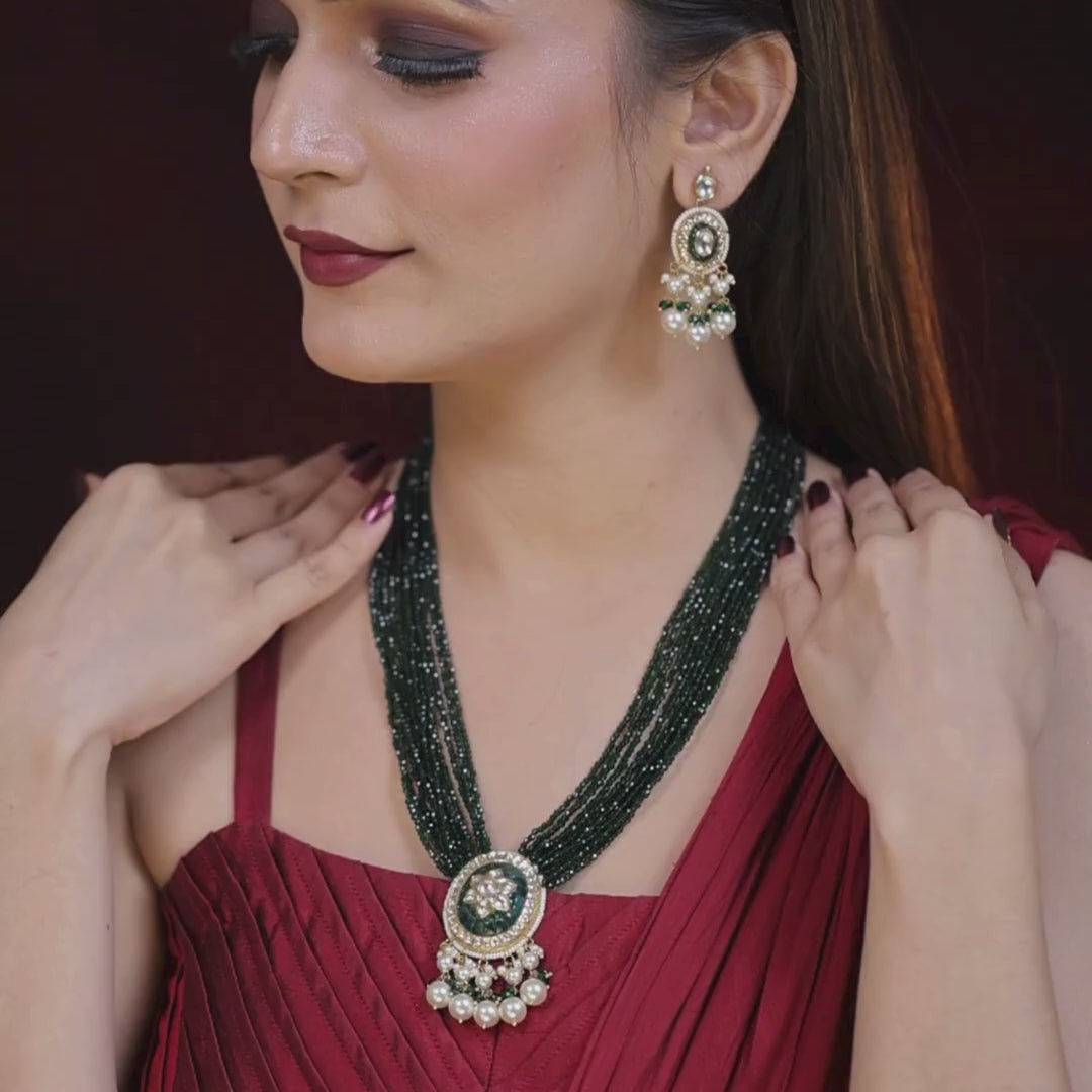Pushpanjali Natural Diamond Polki Green Bead & Pearl Necklace Set in 18K Gold