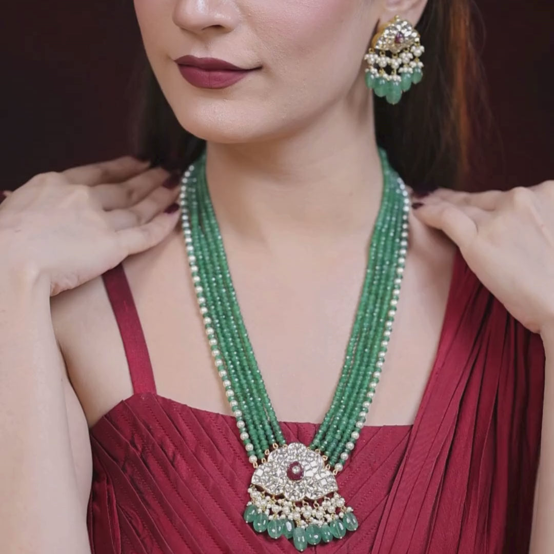 IGI Certified Natural Diamond Polki Green Bead Long Necklace Set in 18K HUID Hallmarked Gold
