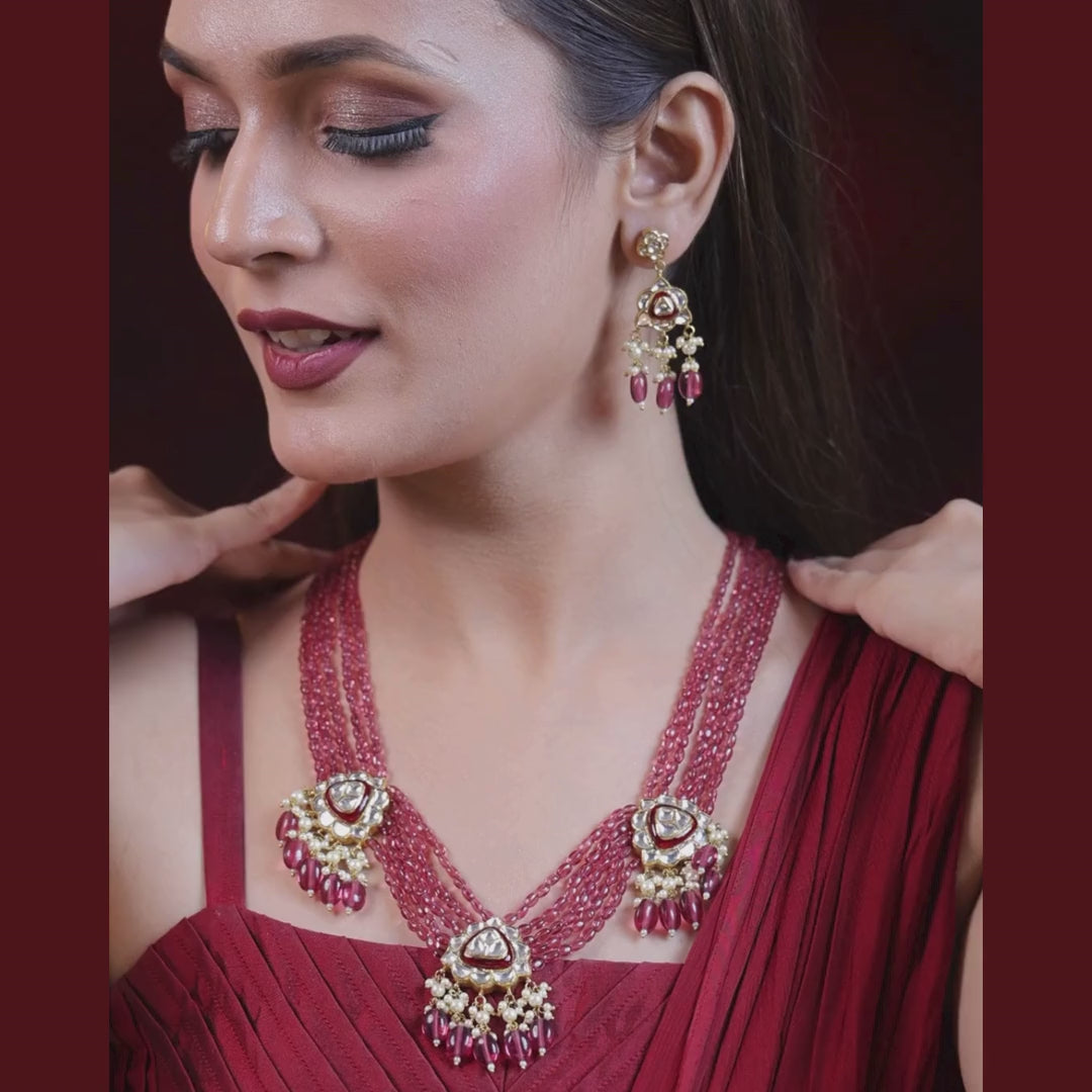 Gulnaar Natural Diamond Polki Wine Bead & Pearl Necklace Set in 18K Gold