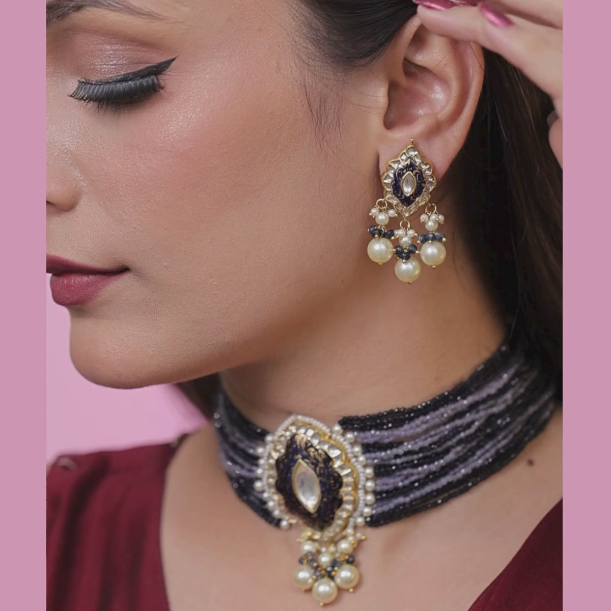 Nishkaala Natural Diamond Polki Blue Bead Choker Set With Antique Enamel & Pearl Drops in 18K Gold