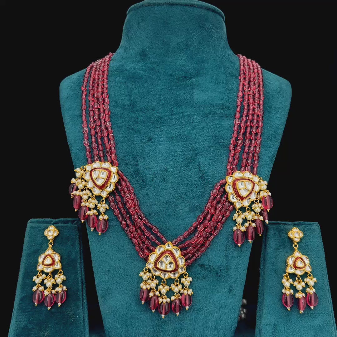 Gulnaar Natural Diamond Polki Wine Bead & Pearl Necklace Set in 18K Gold