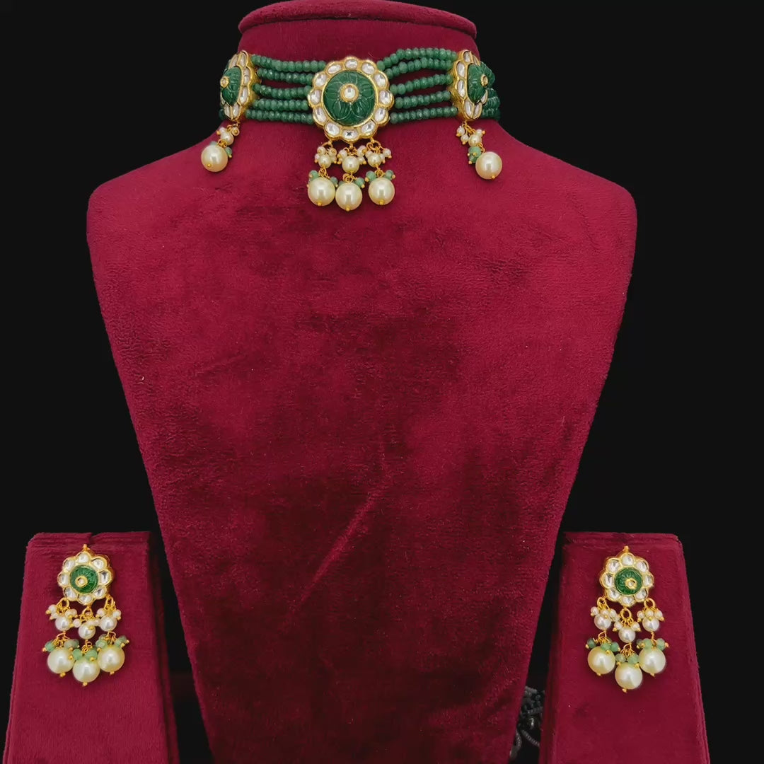 Emerald Bloom Natural Diamond Polki Choker Set