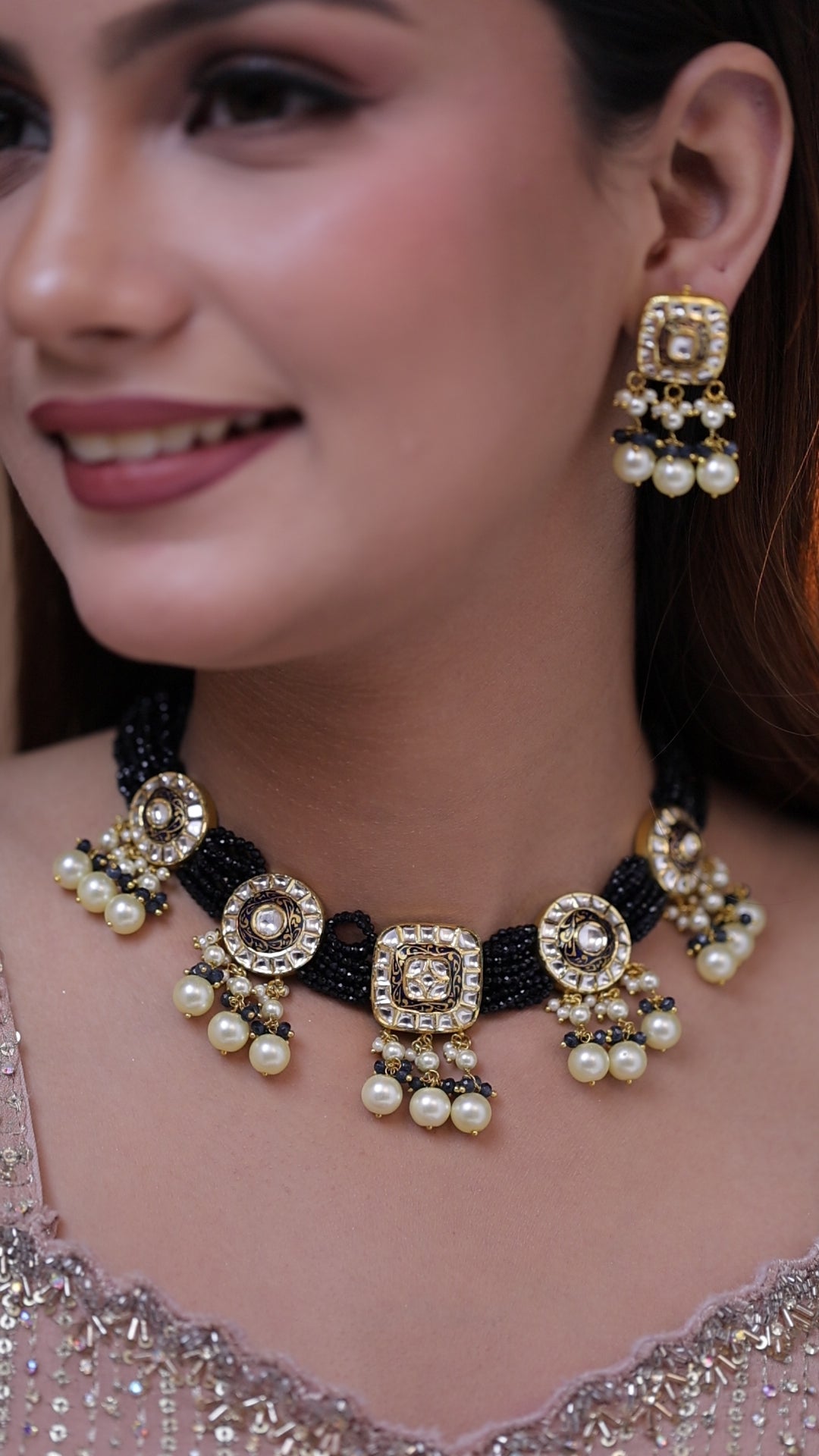 Shyamtara Natural Diamond Polki Blue Bead Statement Necklace Set With Pearl Drops in 18K Gold