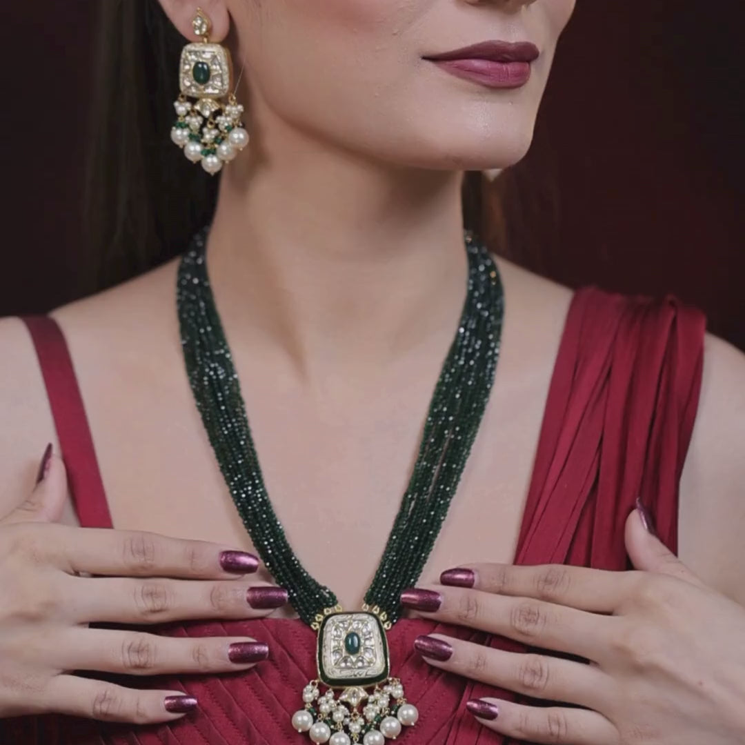 Rajkunj Natural Diamond Polki Green Bead & Pearl Necklace Set in 18K Gold