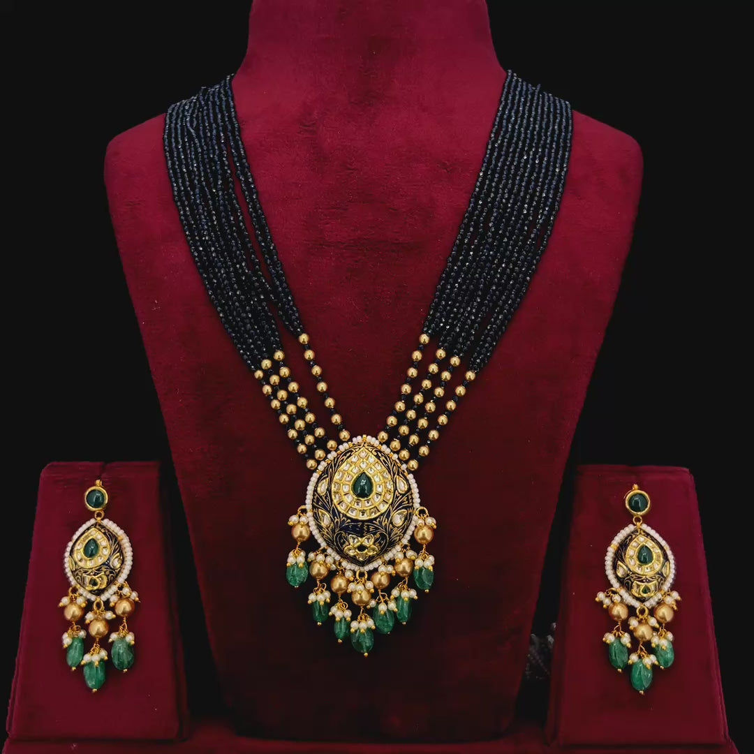 Shyamratna Natural Diamond Polki Blue Bead & Emerald Drop Necklace Set in 18K Gold
