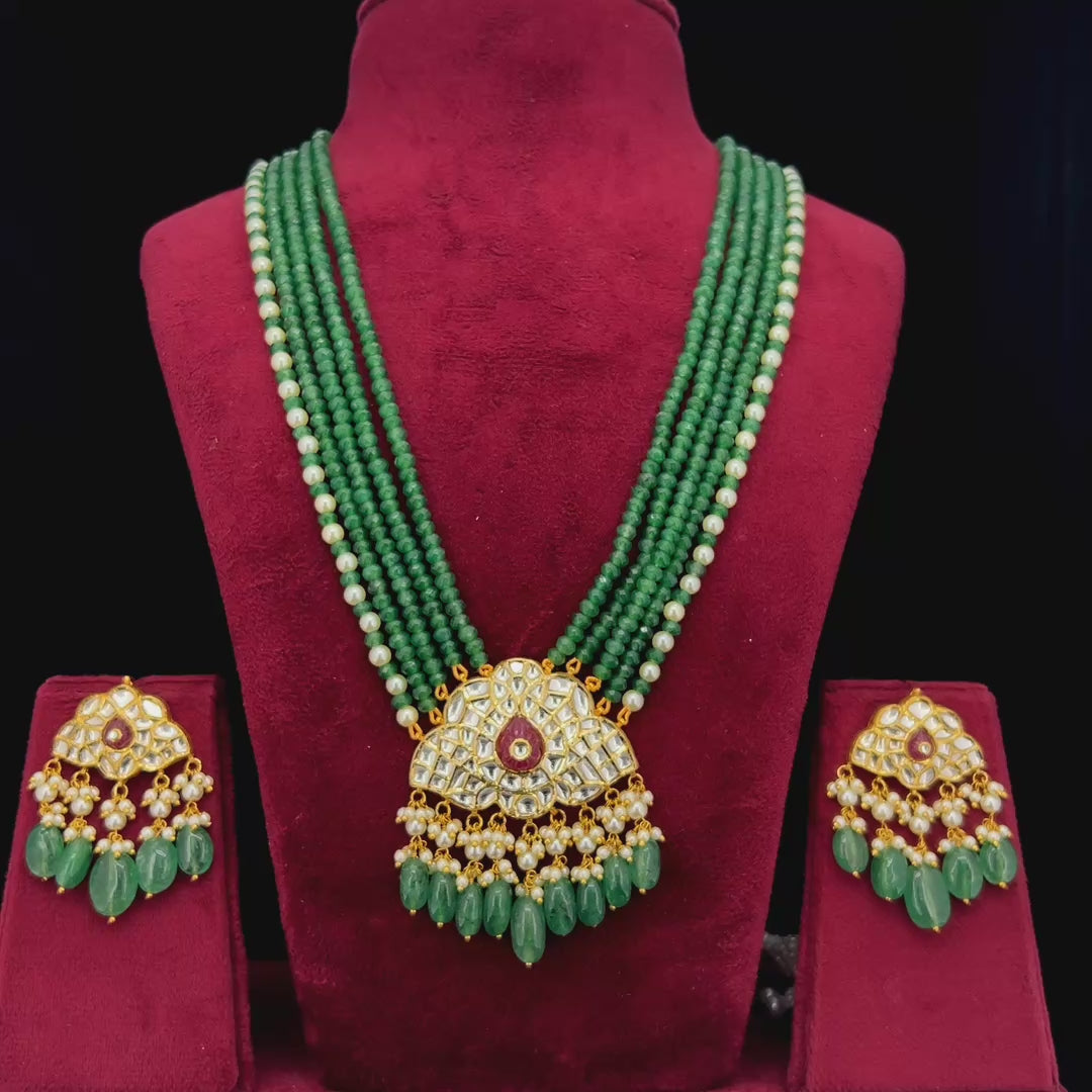 IGI Certified Natural Diamond Polki Green Bead Long Necklace Set in 18K HUID Hallmarked Gold