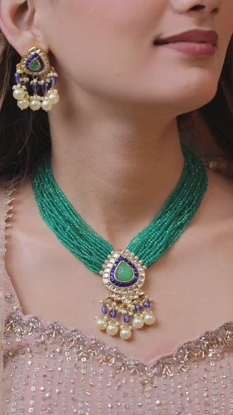 Neelpanna Natural Diamond Polki Green Bead Choker Set With Blue Enamel & Pearl Drops in 18K Gold