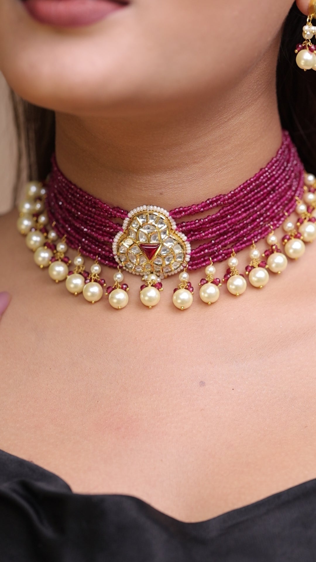 Ruby Pearl Natural Lab-Grown Diamond Polki Choker Set