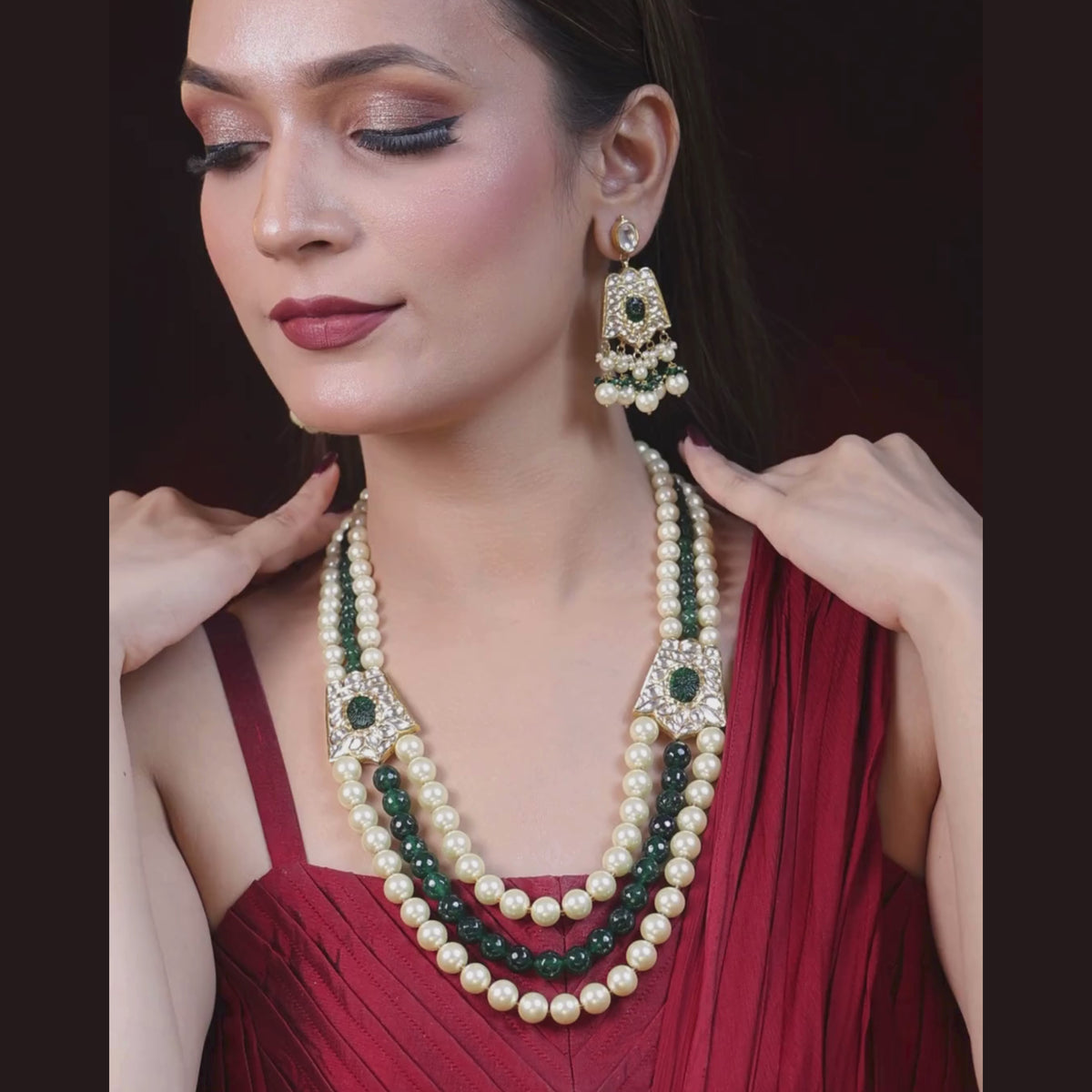 Gulbahar Natural Diamond Polki Pearl & Green Bead Necklace Set in 18K Gold