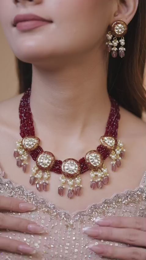 Rangmahal Natural Diamond Polki Burgundy Bead Statement Necklace Set With Pearl & Ruby Bead Drops in 18K Gold