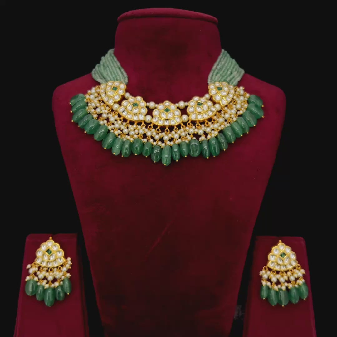 IGI Certified Natural Diamond Polki Green Bead Choker Set