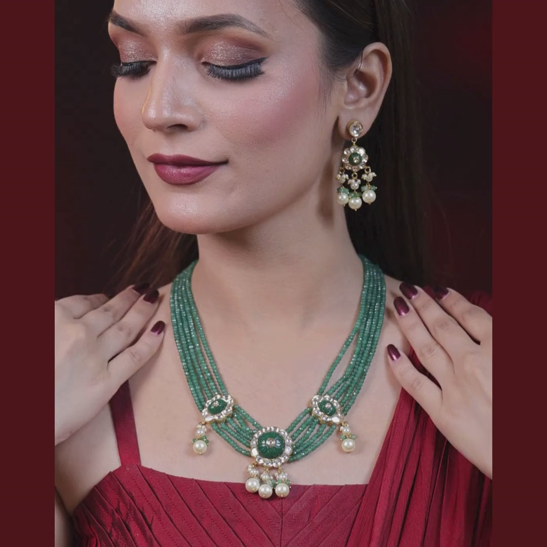 Pannika Natural Diamond Polki Green Bead & Pearl Necklace Set in 18K Gold