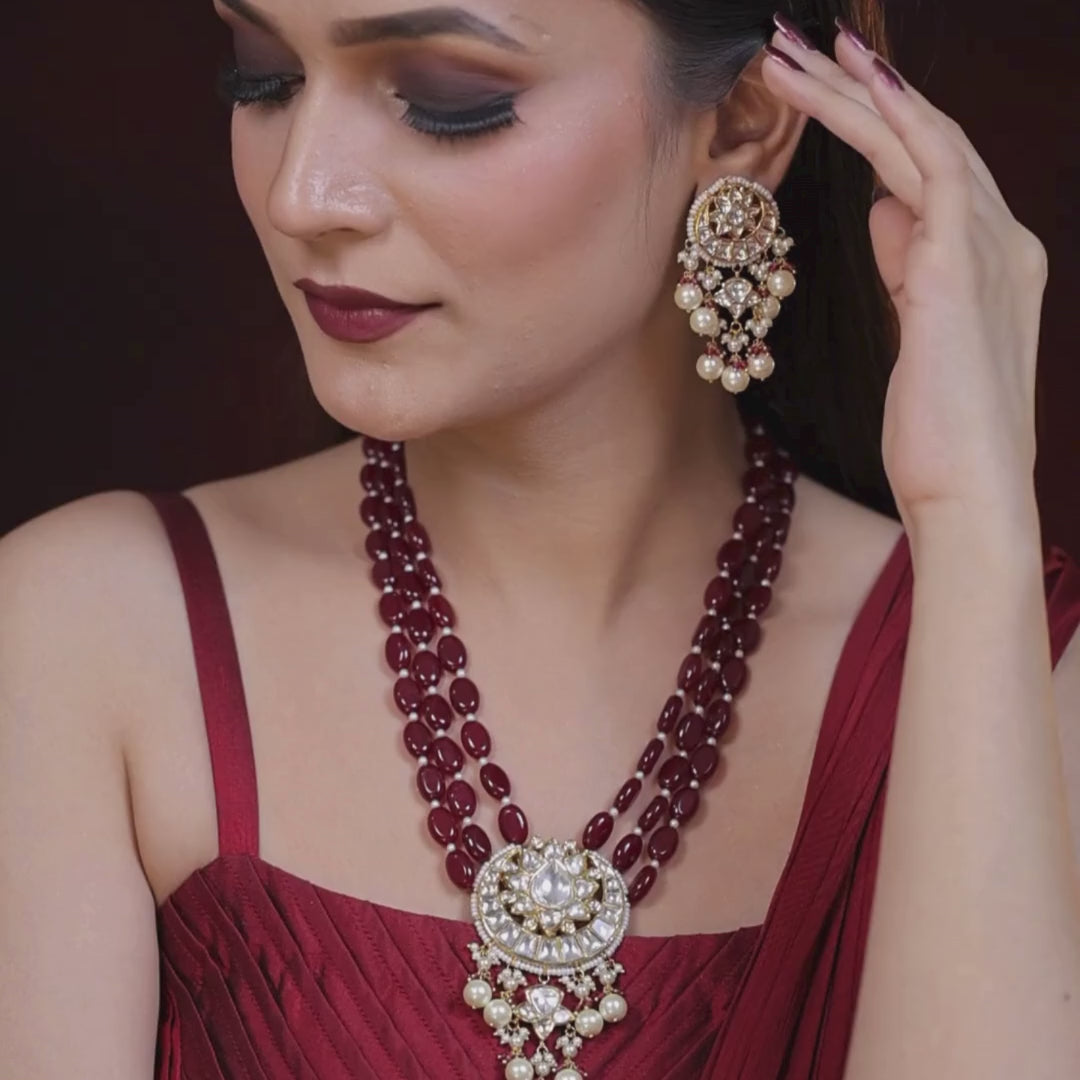 IGI Certified Natural Diamond Polki Ruby Red Bead Long Haar Necklace Set in 18K HUID Hallmarked Gold