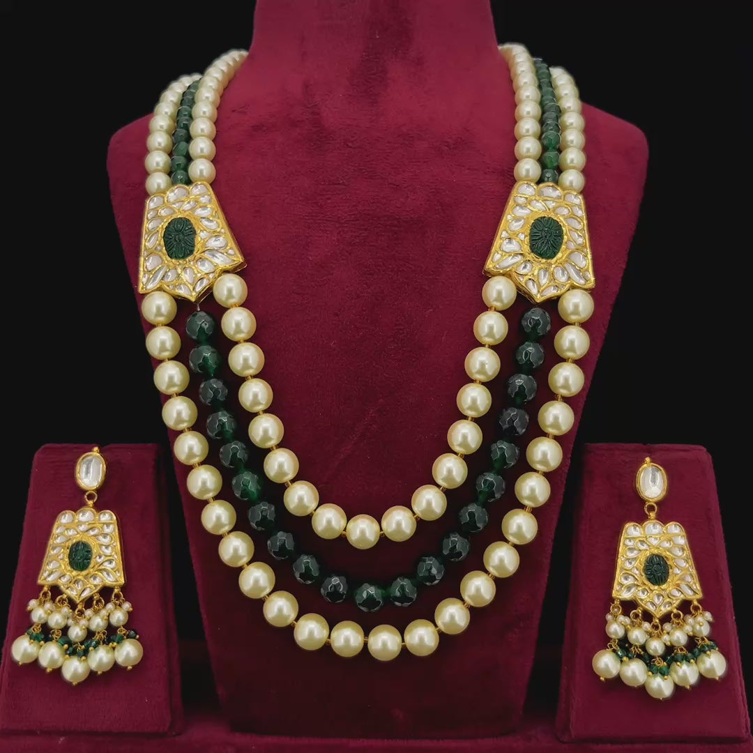 Gulbahar Natural Diamond Polki Pearl & Green Bead Necklace Set in 18K Gold