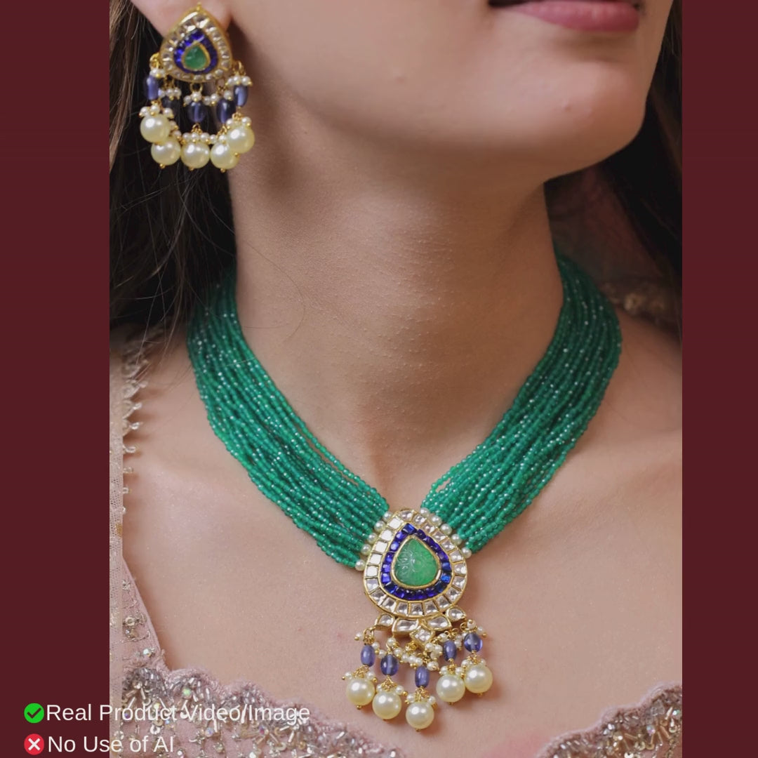 Neelpanna Natural Diamond Polki Green Bead Choker Set With Blue Enamel & Pearl Drops in 18K Gold