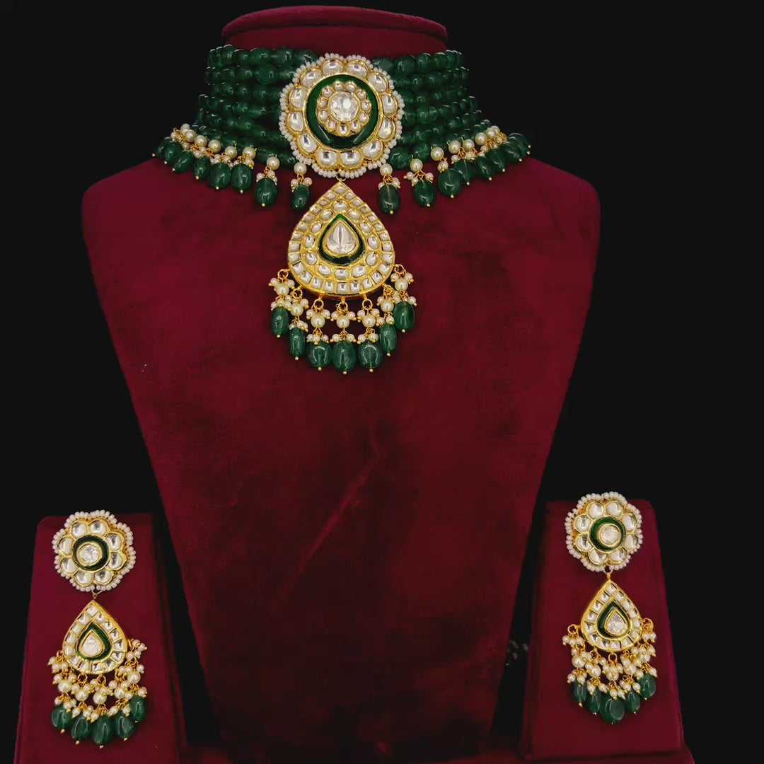 Marakini Natural Diamond Polki Emerald Bead Choker Set With Pearl Emerald Drops in 18K Gold