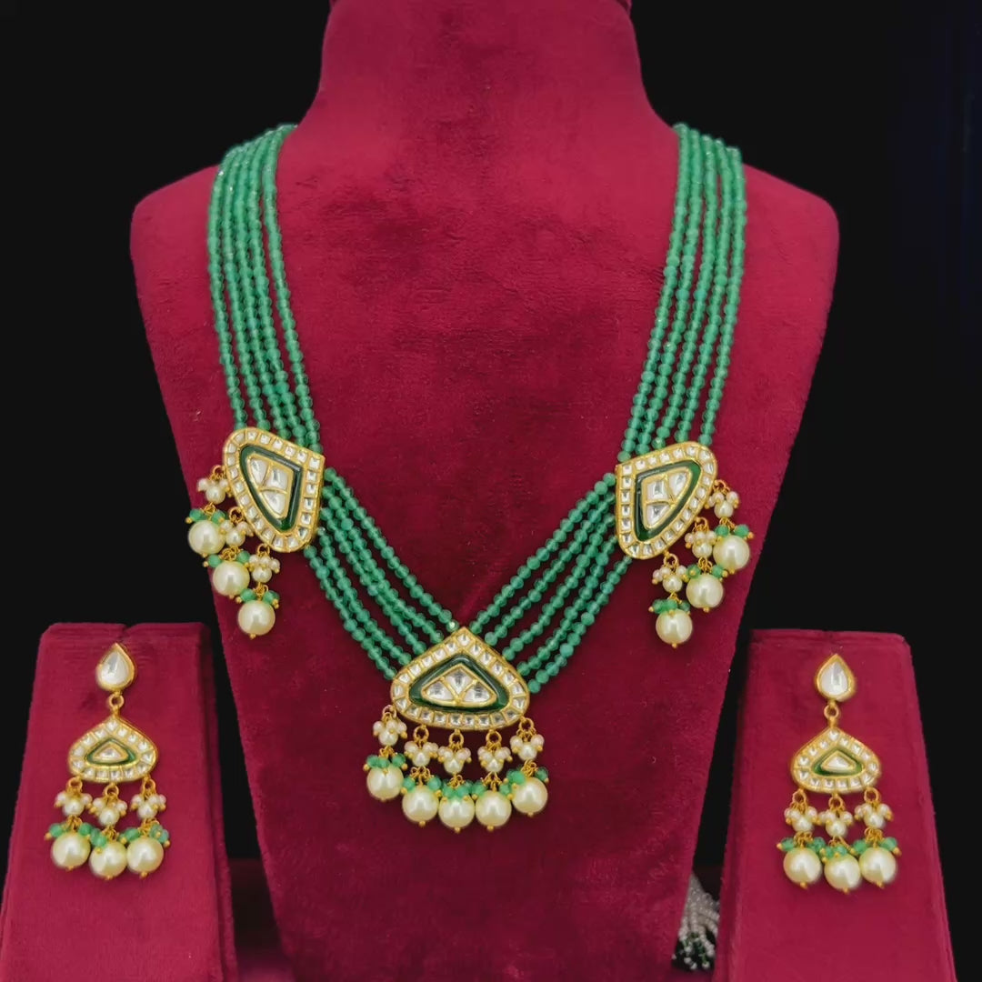 Panna Natural Diamond Polki Green Bead & Pearl Necklace Set in 18K Gold