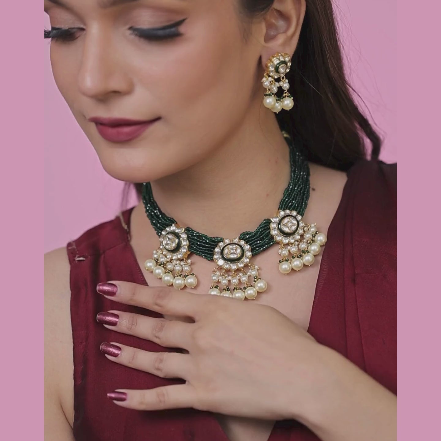 Neelkamal Natural Diamond Polki Green Bead & Pearl Necklace Set in 18K Gold