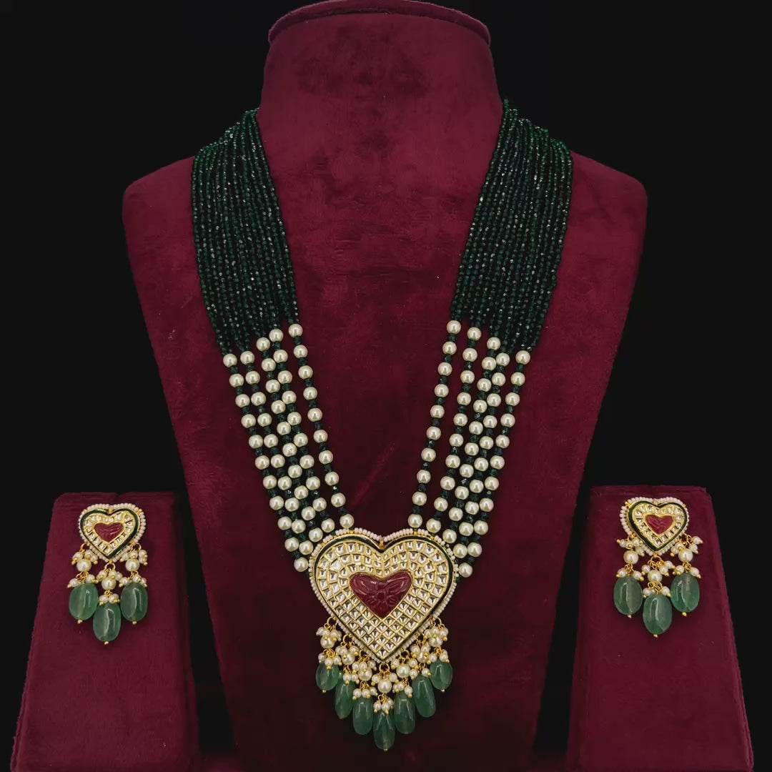 Hridaya Natural Diamond Polki Green Bead Necklace Set With Ruby Heart Motif & Pearl Drops in 18K Gold