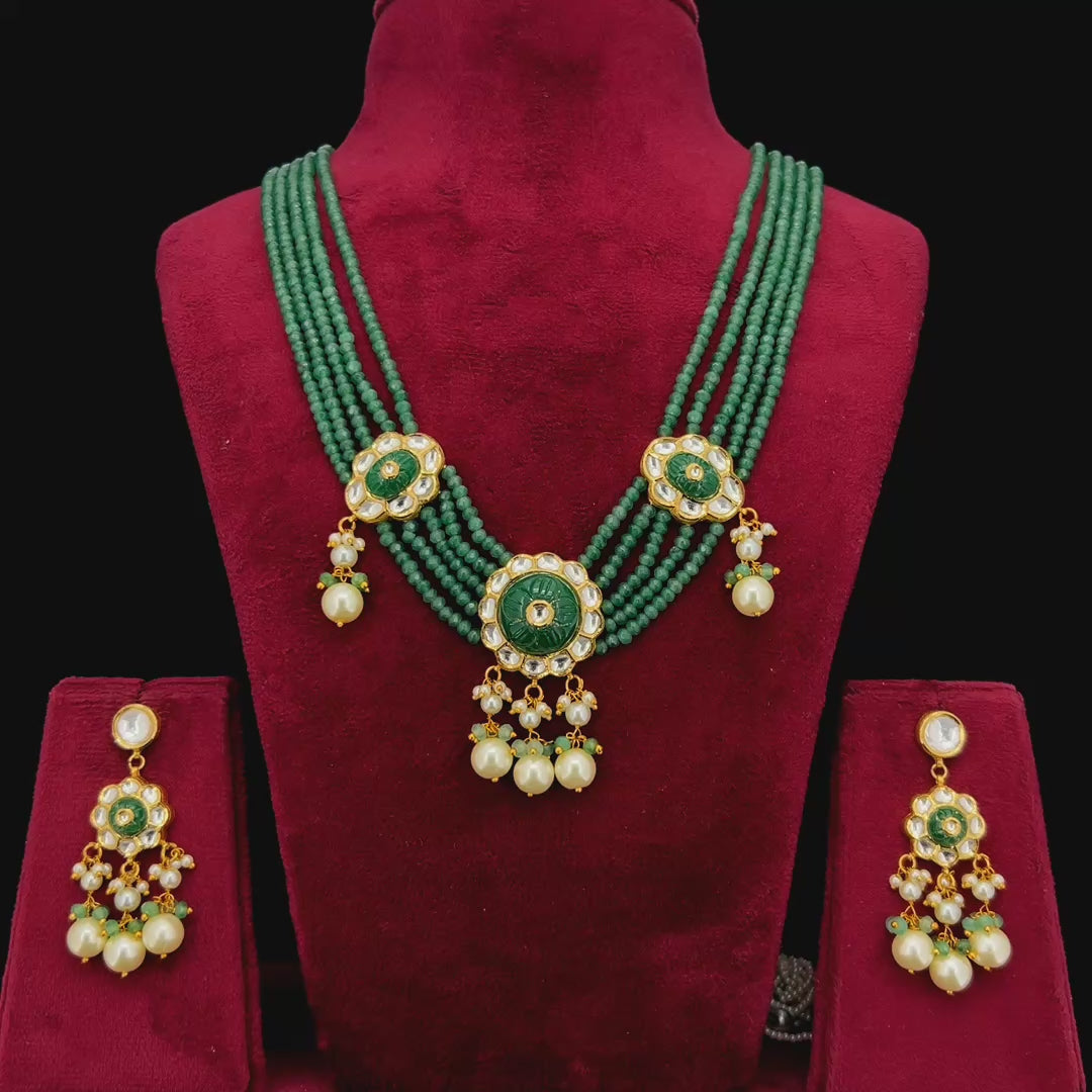 Pannika Natural Diamond Polki Green Bead & Pearl Necklace Set in 18K Gold